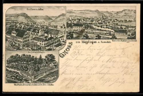 Lithographie Mögglingen a. Rosenstein, Totalansicht mit Kirche, Gasthaus z. Adler, Bes. J. Bantle