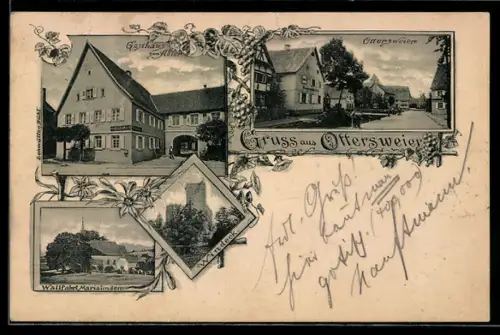AK Ottersweier, Gasthaus zum Adler, Wallfahrtskirche, Marialinden, Burgruine Windeck