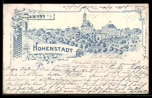 Lithographie Hohenstadt, Totalansicht mit Kirche und Umgebung