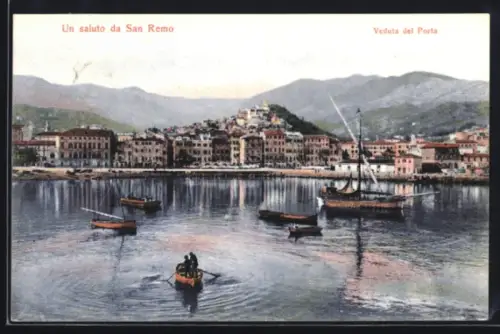 AK San Remo, Veduta del Porta, Hafen, Segelboot, Ruderboot