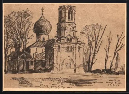 Künstler-AK Staraja Russa, Kampfraum der schleswig-holsteinischen Infanterie-Division, Georgien-Kirche