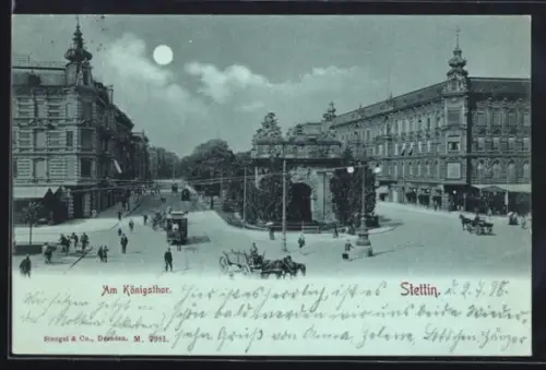 Mondschein-AK Stettin, Am Königstor, Strassenbahn