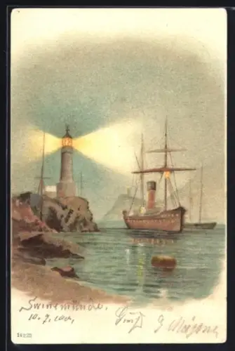 AK Swinemünde, Schiff vor der Küste, Leuchtturm im Einsatz