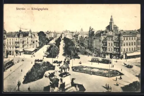 AK Stettin, Königsplatz mit Strassenbahn
