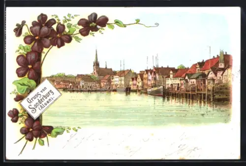 Lithographie Sonderburg /Alsen, Uferpartie mit Kirche, Veilchen