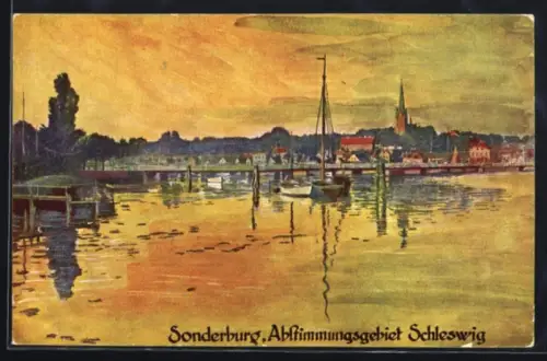 Künstler-AK Sonderburg, Abendstimmung am Hafen mit Blick auf die Stadt