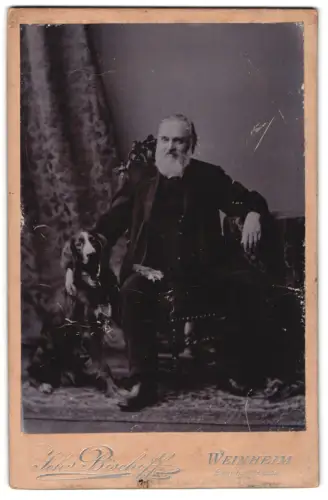 Fotografie Joh. Bischoff, Weinheim, Bahnhofstrasse, Älterer Herr mit Hund