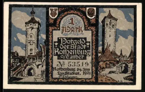 Notgeld Rothenburg ob der Tauber 1921, 1 Mark, Stadttor und Wachtürme, Szenen von Mönchen und Soldaten