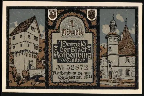 Notgeld Rothenburg ob der Tauber 1921, 1 Mark, historische Gebäude und Spruchband mit allegorischen Figuren