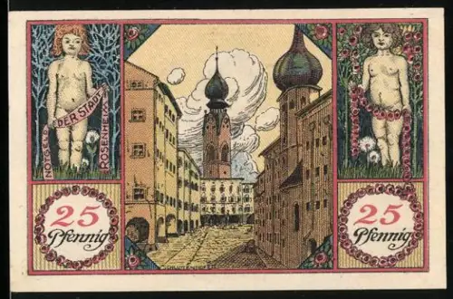 Notgeld Rosenheim 1921, 25 Pfennig, Ortsansicht mit Turm und Arkadengang