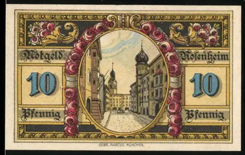 Notgeld Rosenheim 1921, 10 Pfennig, Ortsansicht und bayerisches Wappen mit Rosen