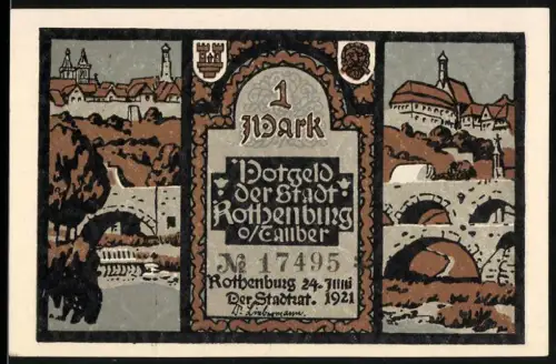 Notgeld Rothenburg 1921, 1 Mark, Stadtansichten und historische Szenen mit Mönchen und Schriftzug