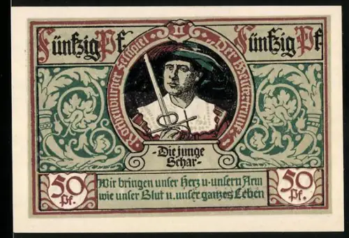 Notgeld Rothenburg 1921, 50 Pfennig, junger Schwertkämpfer und Stadtwappen mit Soldaten