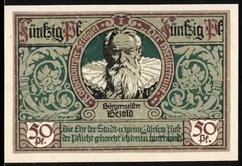 Notgeld Rothenburg ob der Tauber 1921, 50 Pf, Bürgermeister und Musiker mit Trommeln und Gewehren