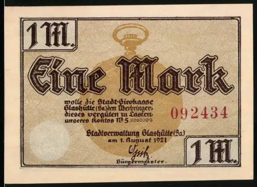 Notgeld Glashütte 1921, 1 Mark, Taschenuhr, Industrieteile und Präzisionsinstrumente