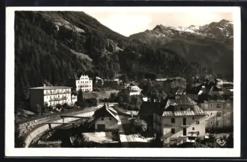 AK Badgastein, Ortsansicht mit Haus Leimböck und Radhausberg