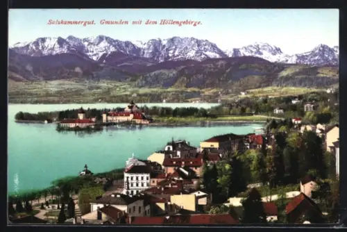 AK Gmunden, Ortsansicht mit Höllengebirge