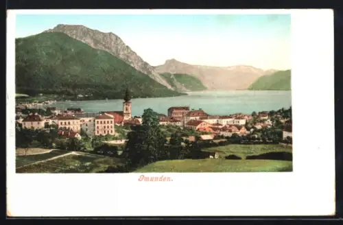 AK Gmunden, Teilansicht mit See- und Bergblick