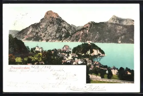 AK Traunkirchen, Teilansicht aus der Vogelschau mit Bergblick