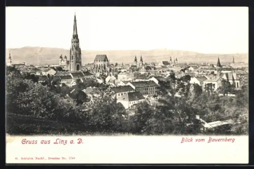 AK Linz a. D., Blick vom Bauernberg mit Kirche