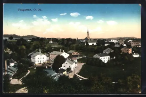AK Prägarten /O.-Oe., Strassenpartie mit Kirche