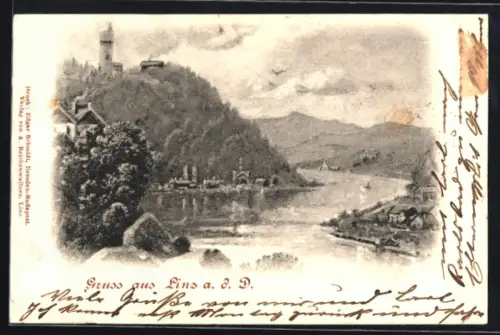 Künstler-AK Linz a. d. D., Panorama mit Turm