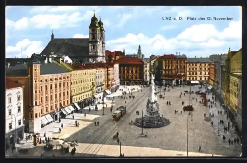 AK Linz a. d. Donau, Blick über den Platz des 12. November, Strassenbahn