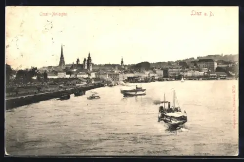 AK Linz a. D., Quai-Anlagen mit Dampfern