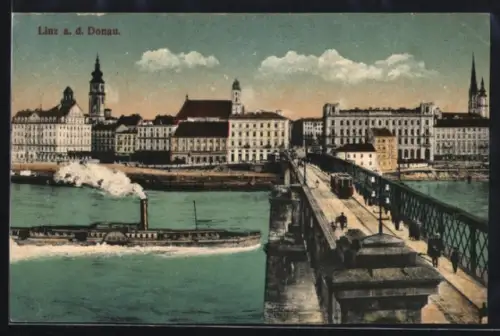 AK Linz a. d. Donau, Teilansicht und Brücke mit Strassenbahn