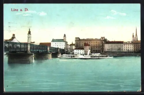AK Linz a. D., Donaupartie mit Brücke und Passagierdampfern