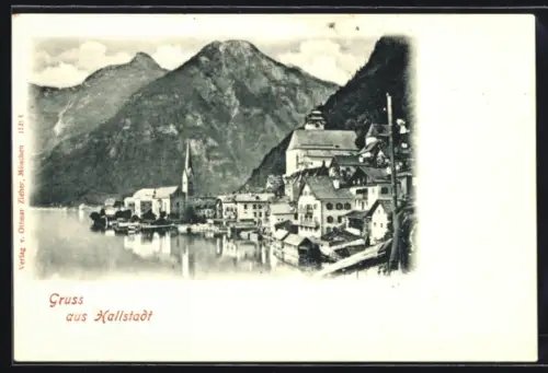 AK Hallstatt, Uferpartie mit Kirche