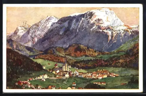 Künstler-AK Mariazell, Totalansicht mit Bergpanorama