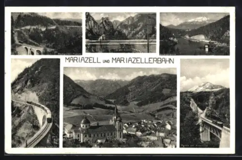 AK Mariazell, Wallfahrtskirche, Mariazellerbahn, Stockgraben-Viadukt