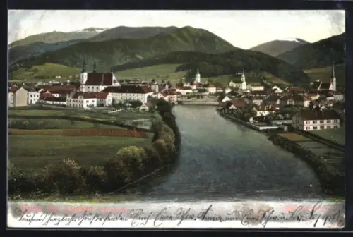 AK Leoben, Totale mit Fluss, Berge im Hintergrund