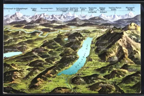 AK Steindorf, Ossiacher-See mit Bodensdorf, Unterberg und Feldkirchen, Bergpanorama mit Karawanken, Mangart und Triglav