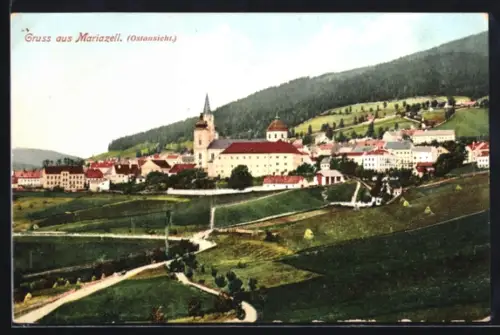 AK Mariazell, Ostansicht mit Kirche