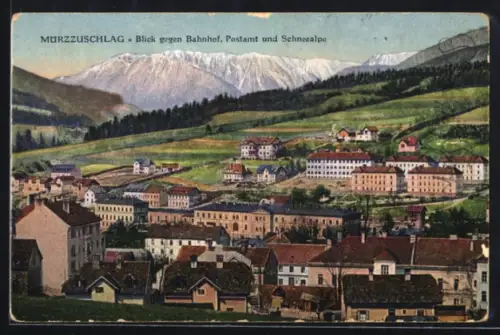 AK Mürzzuschlag, Blick gegen Bahnhof, Postamt und Schneealpe