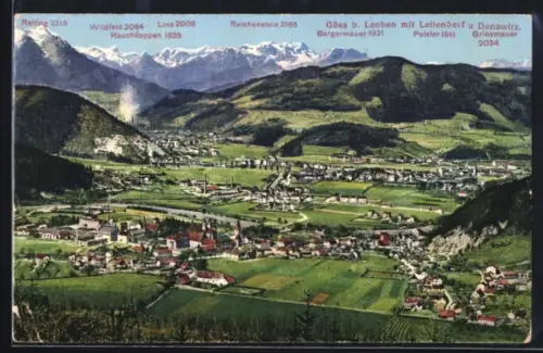 AK Göss b. Leoben, Totalansicht mit Leitendorf und Bergpanorama