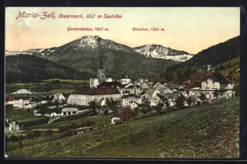 AK Maria-Zell /Steiermark, Kirche mit Gemeindealpe und Oetscher