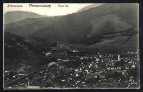 AK Mürzzuschlag, Teilansicht mit Raxalpe und Schneealpe