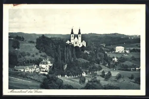 AK Mariatrost bei Graz, Panorama mit Wallfahrtskirche