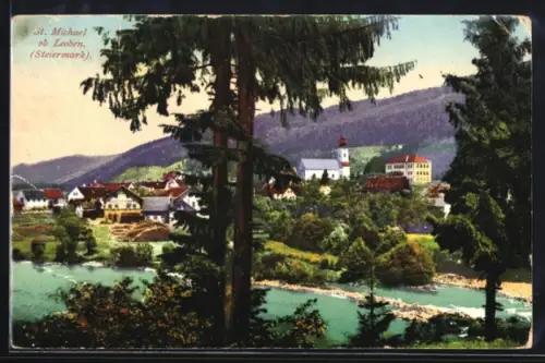 AK St. Michael ob Leoben, Blick übers Wasser auf die Ortschaft