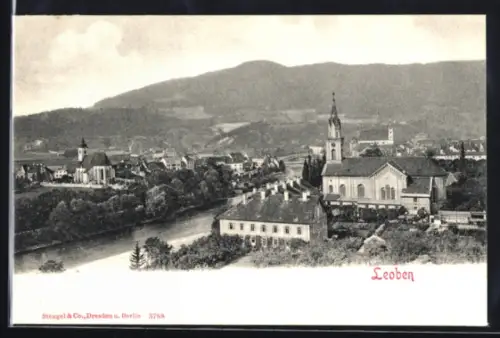 AK Leoben, Blick über die Dächer des Ortes, Fluss