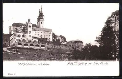 AK Linz /Ob.-Oe., Pöstlingberg mit Hotel und Wallfahrtskirche