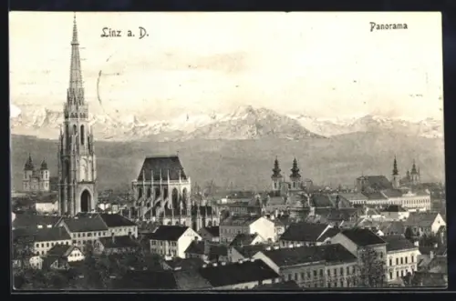 AK Linz a. D., Panorama mit Kirche