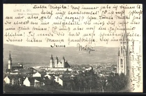 AK Linz a. D., Blick vom Bauernberg mit Kirche