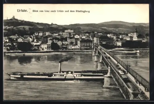 AK Urfahr, Blick von Linz nach dem Ort und dem Pöstlingberg