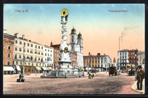 AK Linz a. D., Franz-Josefs-Platz mit Denkmal