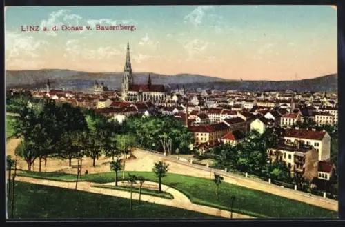 AK Linz a. d. Donau, Teilansicht mit Kirche vom Bauernberg aus