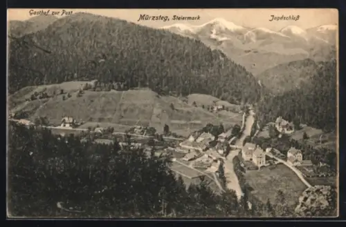 AK Mürzsteg /Steiermark, Strassenpartie mit Gasthof zur Post und Jagdschloss